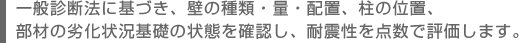 一般診断法に基づき、壁の種類・量・配置、柱の位置、部材の劣化状況基礎の状態を確認し、耐震性を点数で評価します。